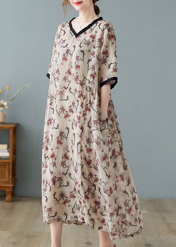 Khaki V-Neck Linen Summer Dress