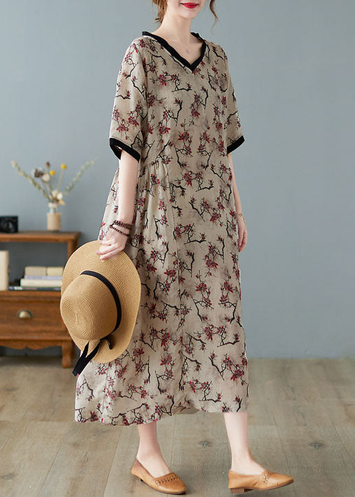 Khaki V-Neck Linen Summer Dress