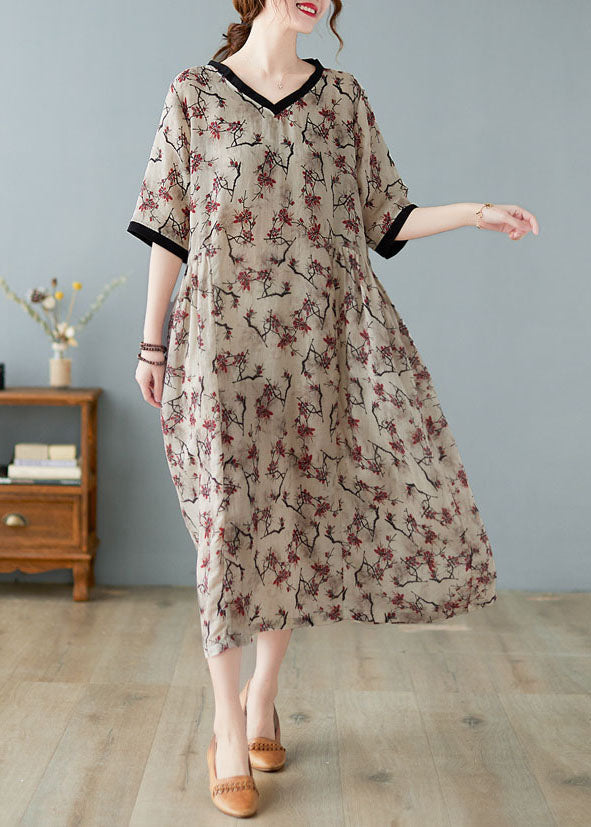 Khaki V-Neck Linen Summer Dress