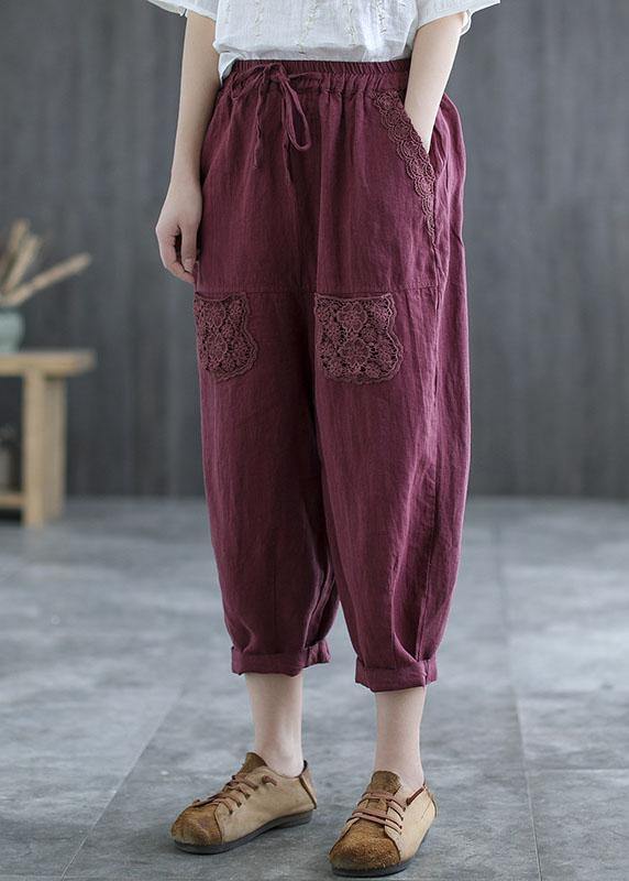 Boutique Mulberry Embroidered Harem Crop Summer Linen Pants