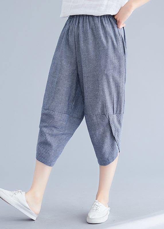 Boutique Navy Striped Patchwork Cotton Linen Summer Pants