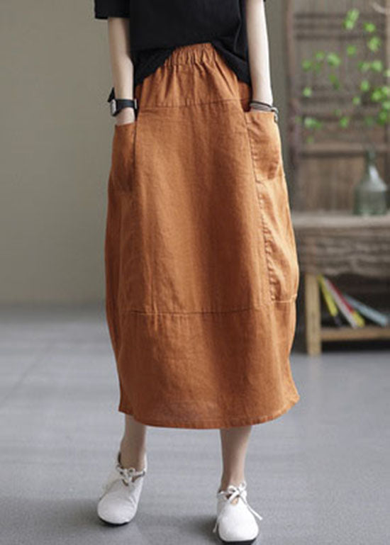 Orange Patchwork Elastic Waist Linen Skirt