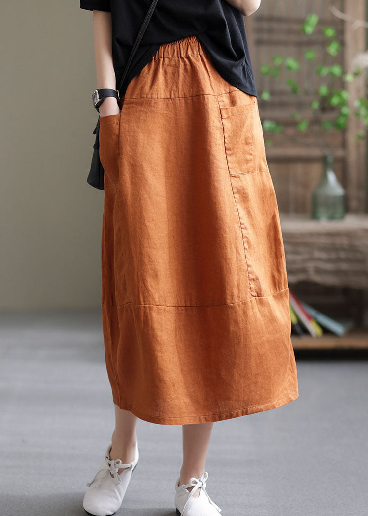 Orange Patchwork Elastic Waist Linen Skirt