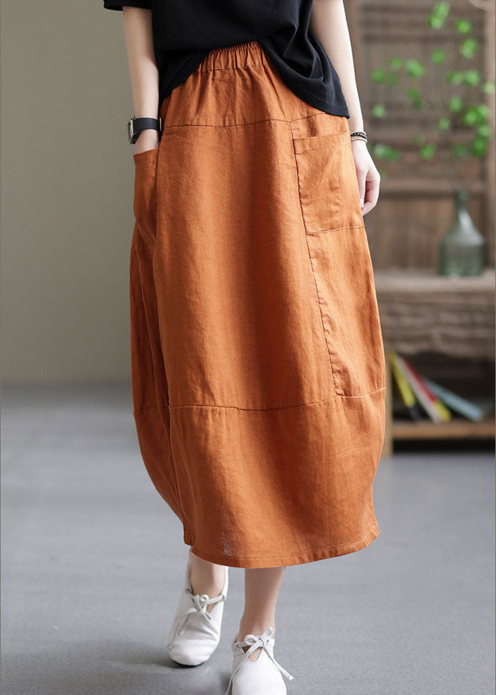 Orange Patchwork Elastic Waist Linen Skirt
