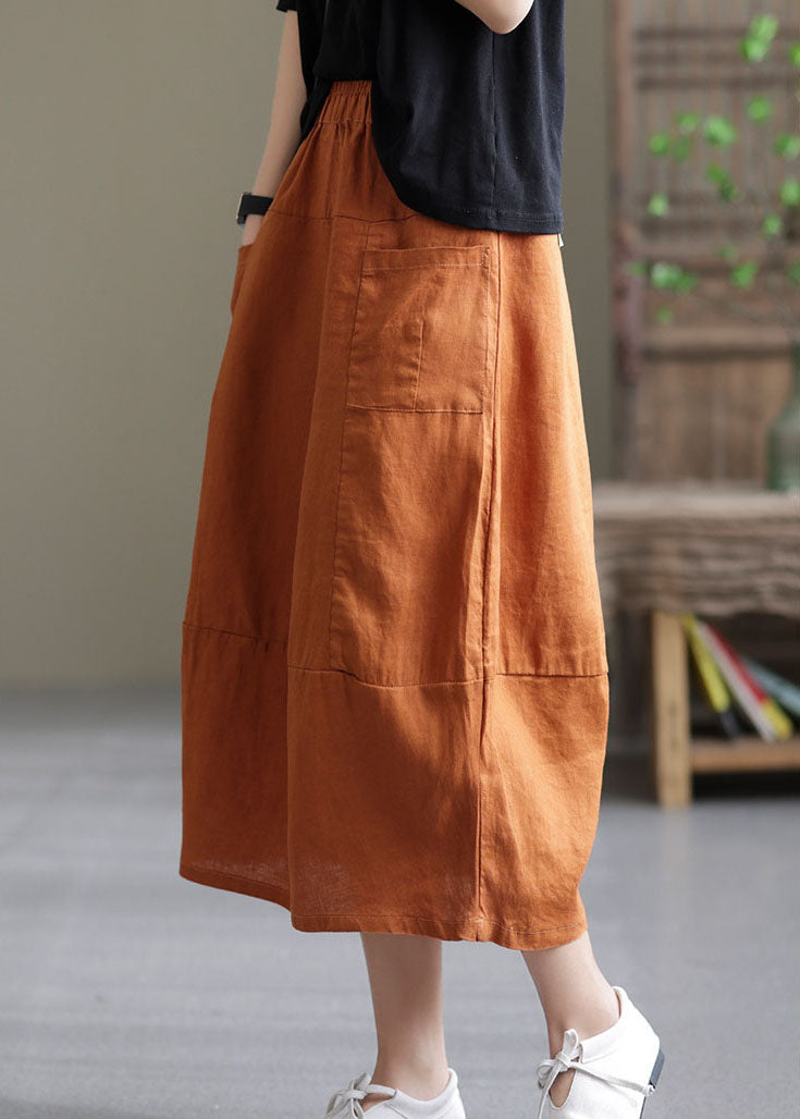 Orange Patchwork Elastic Waist Linen Skirt