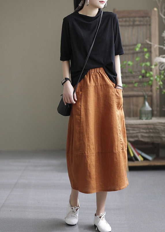 Orange Patchwork Elastic Waist Linen Skirt