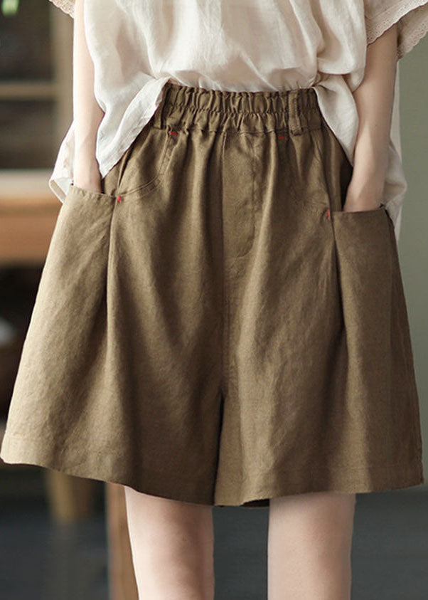 Brown Wide-Leg Linen Shorts