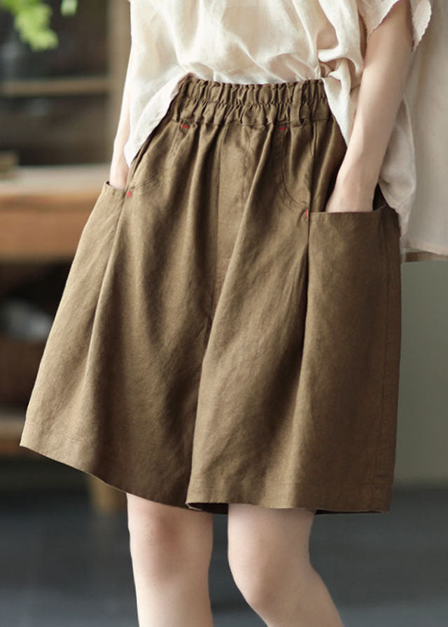 Brown Wide-Leg Pocket Linen Shorts