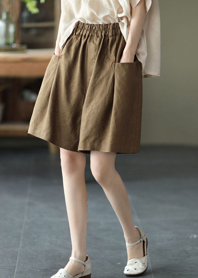 Brown Wide-Leg Pocket Linen Shorts