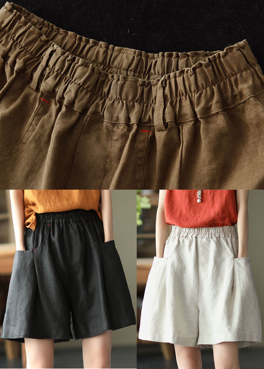 Brown Wide-Leg Linen Shorts