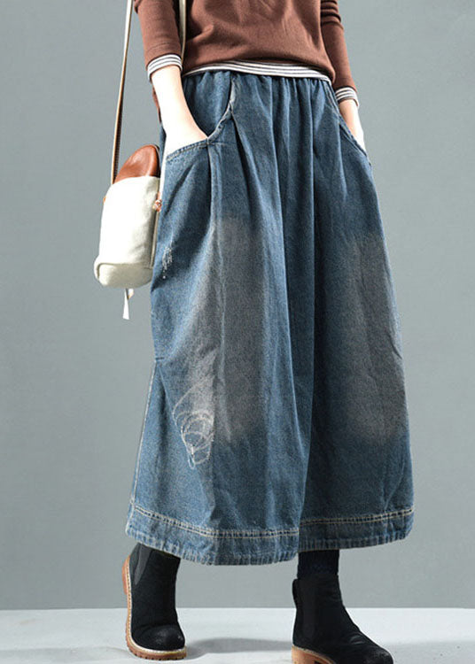Casual Blue Elastic Waist Pockets Patchwork Autumn Denim Skirt