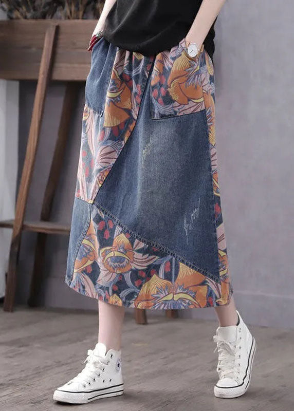 Casual Blue Pockets Patchwork Print A-Line Denim Skirts Autumn