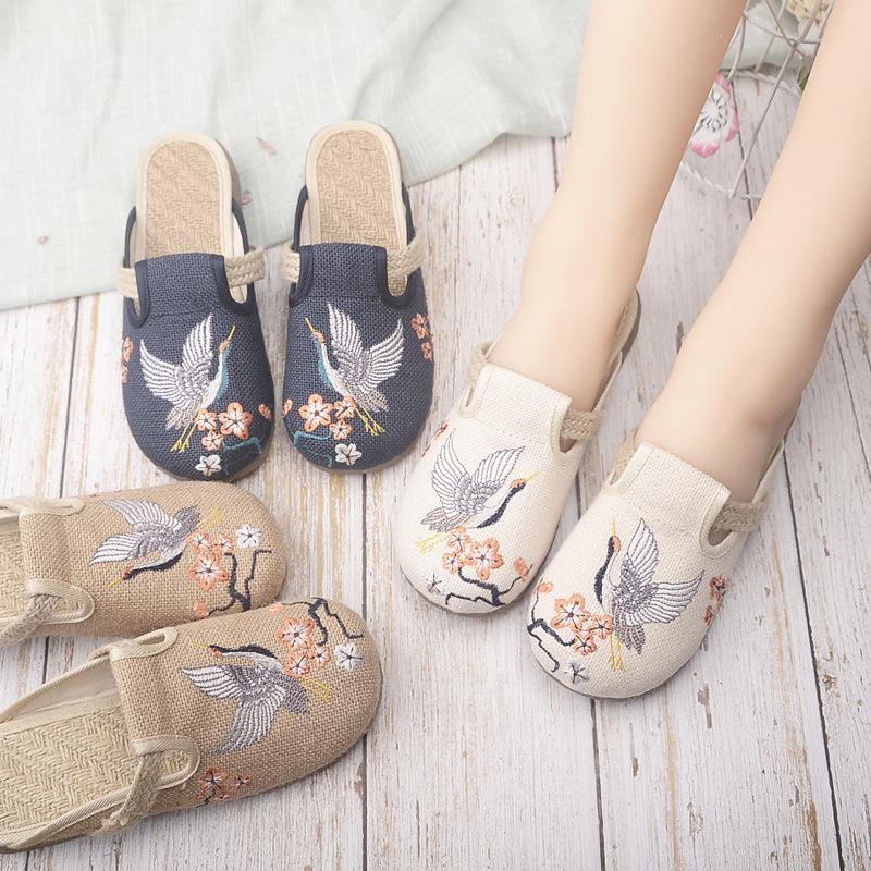 Khaki Embroidered Linen Casual Shoes