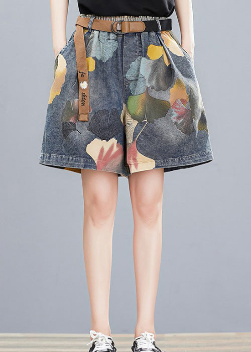 Print Elastic Waist Denim Shorts
