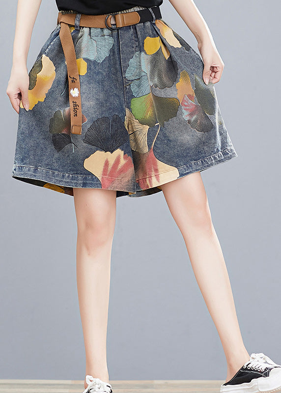 Print Elastic Waist Denim Shorts