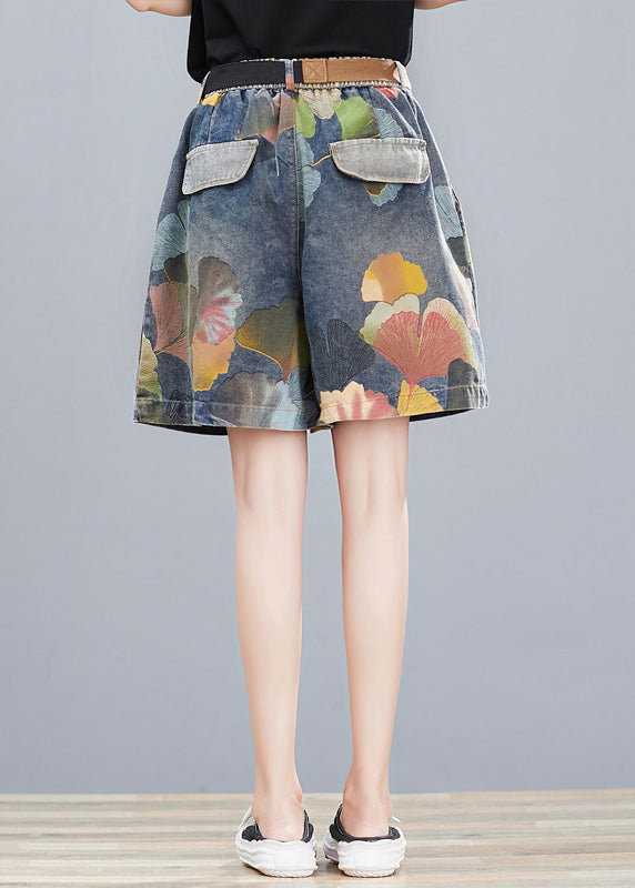 Print Elastic Waist Denim Shorts