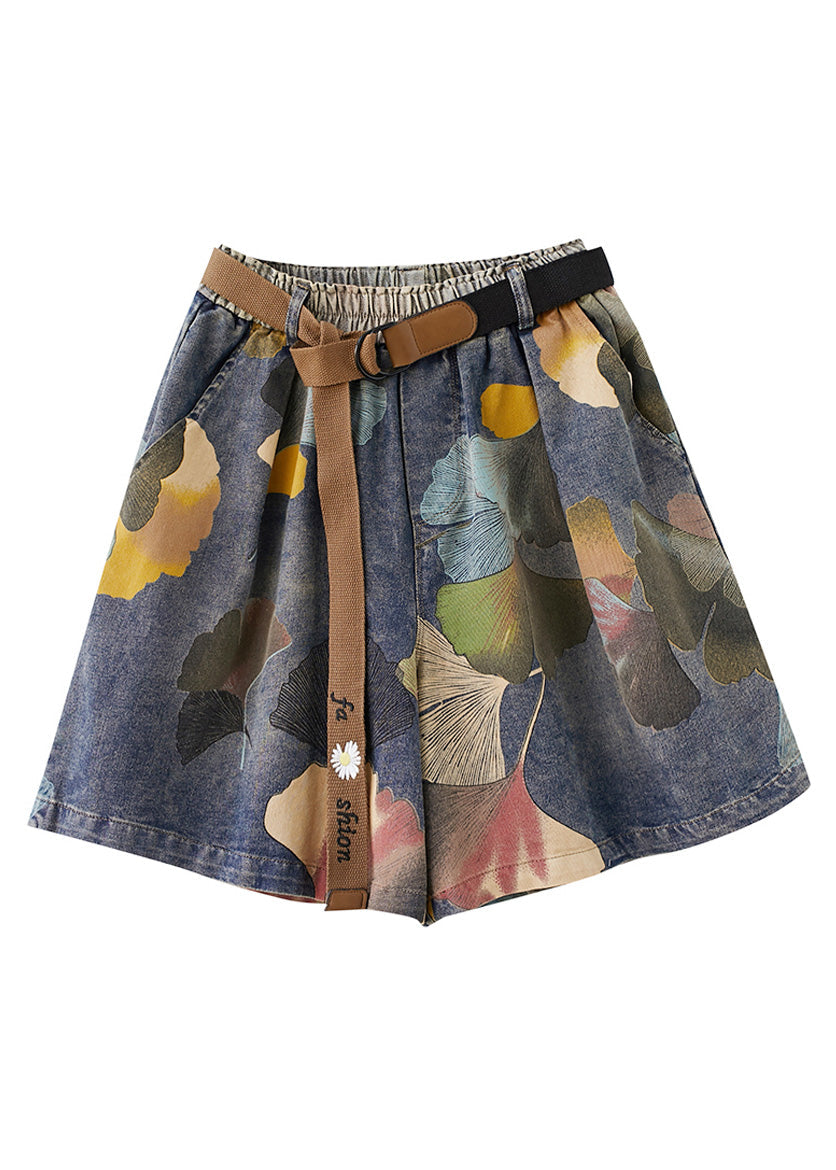 Print Elastic Waist Denim Shorts