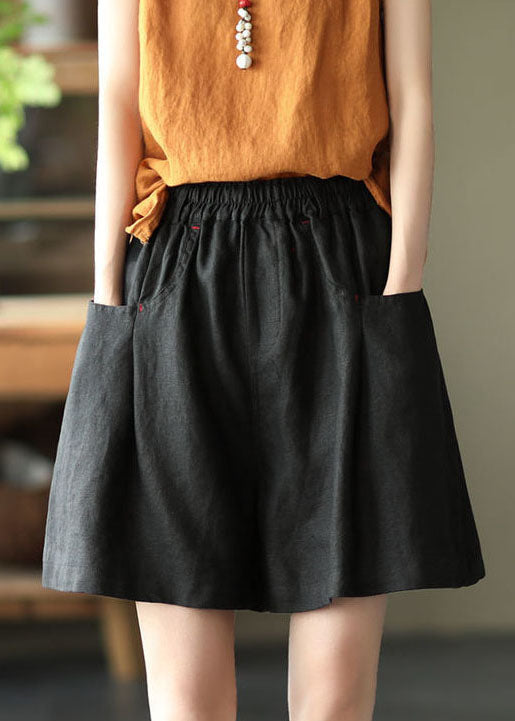 Black Elastic Waist Linen Shorts