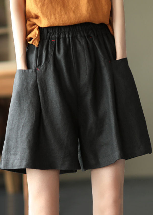 Black Elastic Waist Linen Shorts