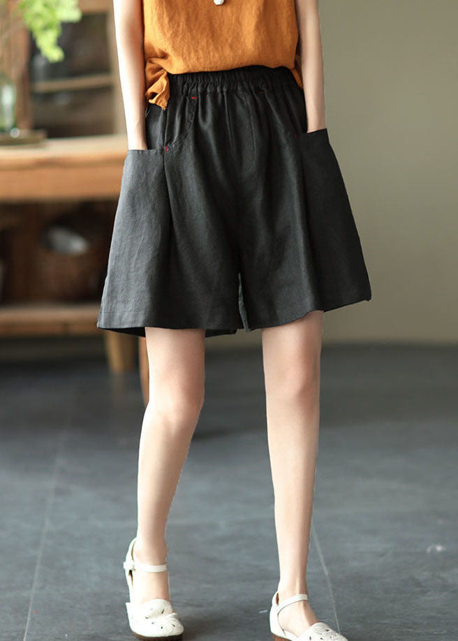 Black Elastic Waist Linen Shorts