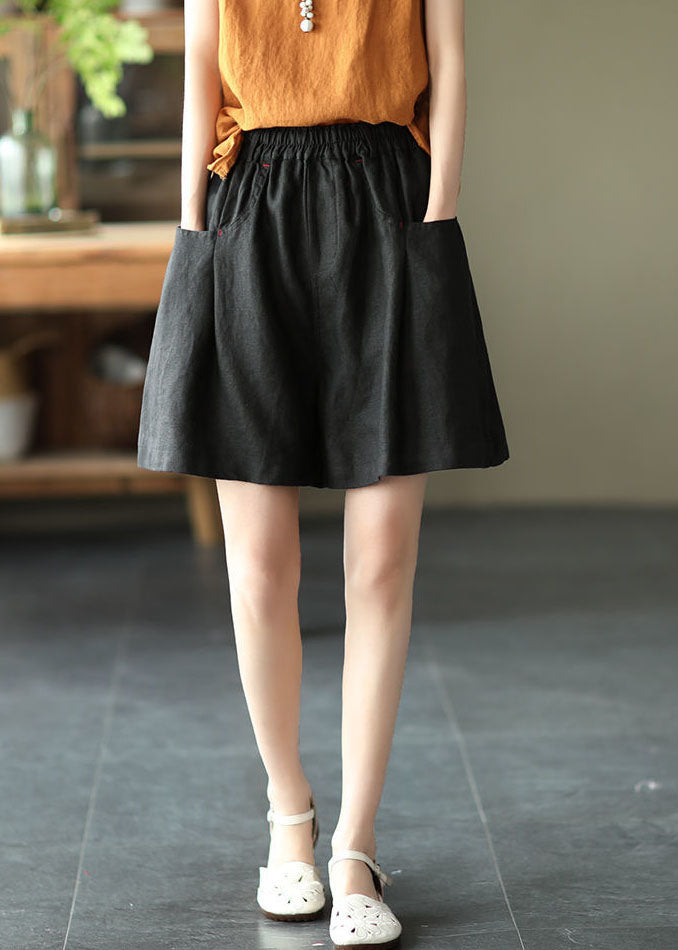 Black Elastic Waist Linen Shorts