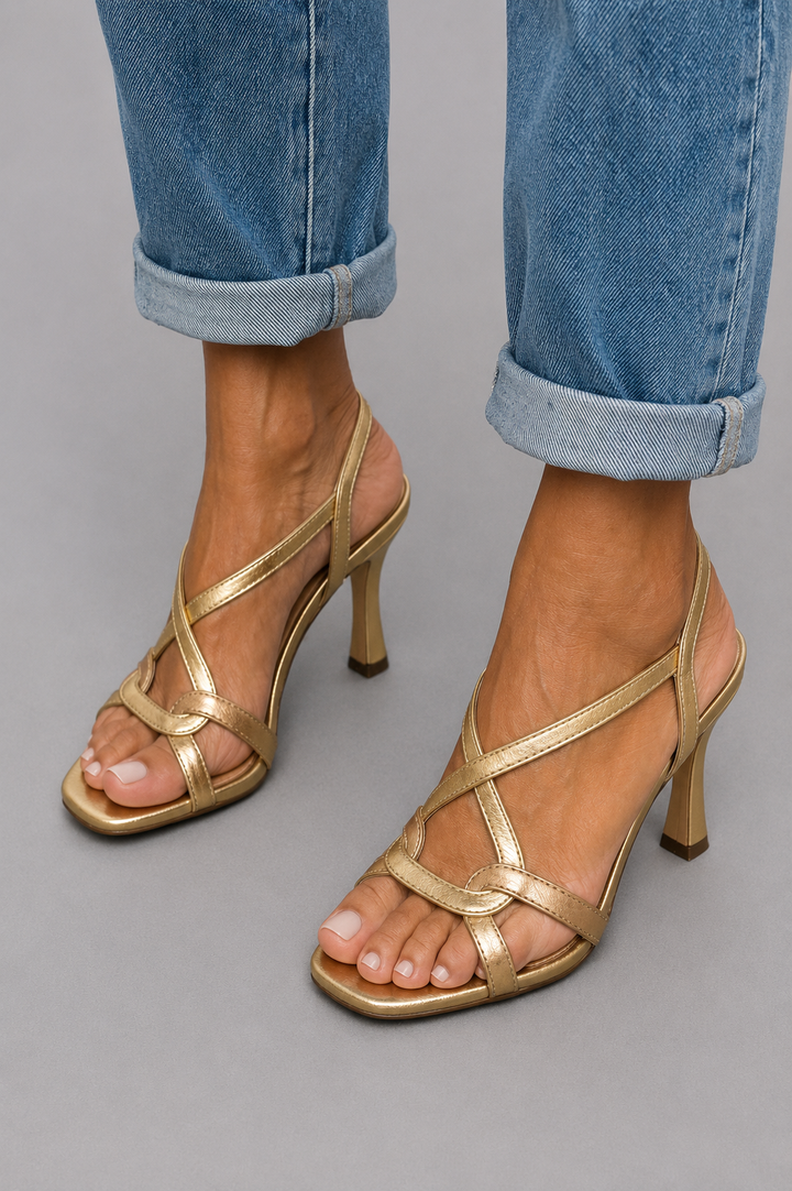 Estíbaliz | Metallic Gold High Heels with Crossed Straps for Summer