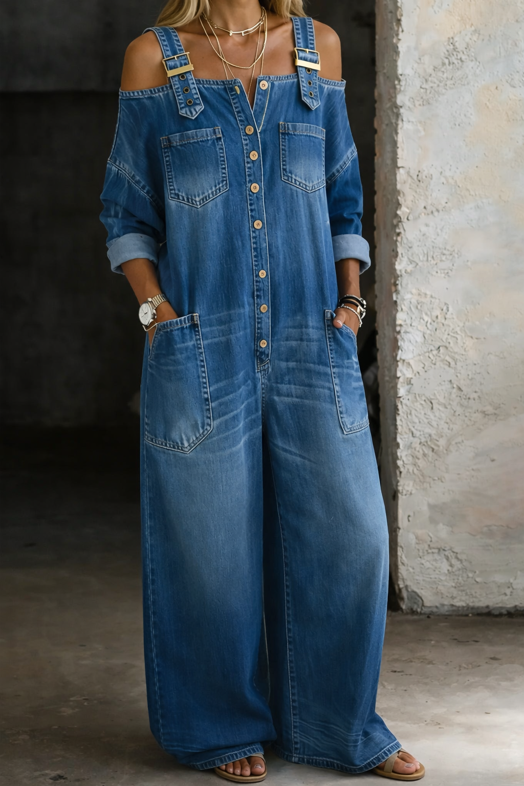 Sophia | Denim Jumpsuit with Off-Shoulder Straps — Jarah Melbourne