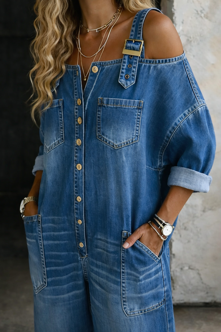 Sophia | Denim Jumpsuit with Off-Shoulder Straps — Jarah Melbourne
