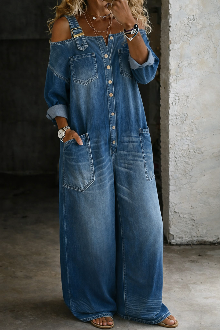 Sophia | Denim Jumpsuit with Off-Shoulder Straps — Jarah Melbourne