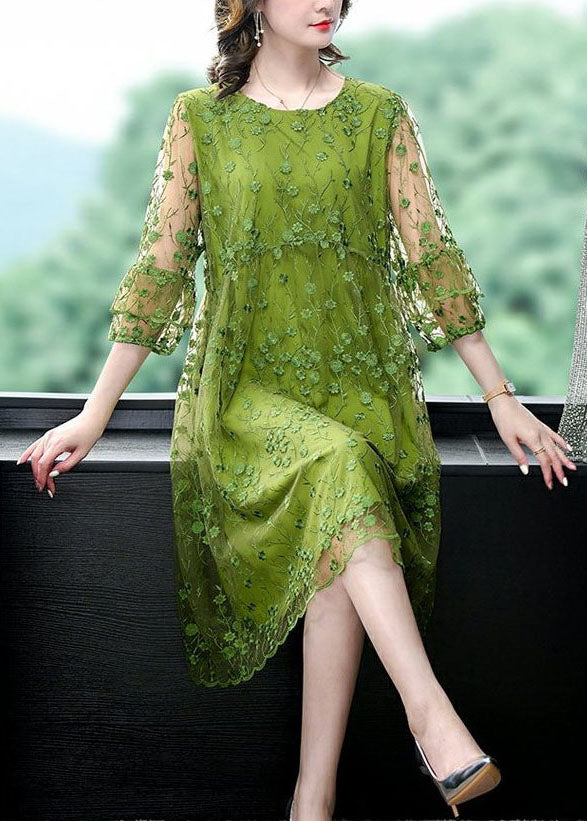 Green Embroidered Tulle Midi Dress