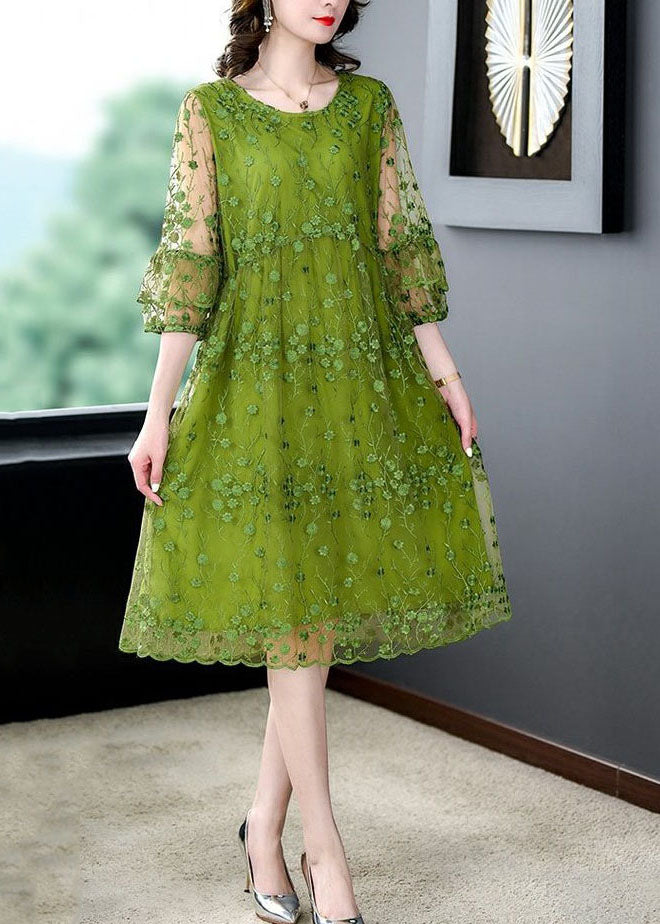 Green Embroidered Tulle Midi Dress