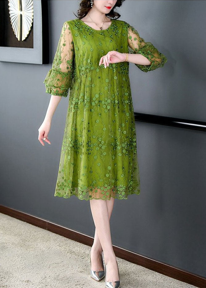 Green Embroidered Tulle Midi Dress