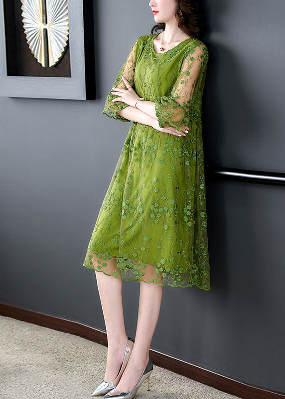 Green Embroidered Tulle Midi Dress