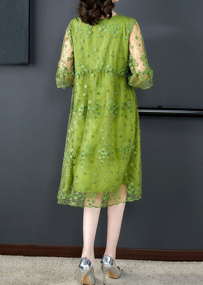 Green Embroidered Tulle Midi Dress