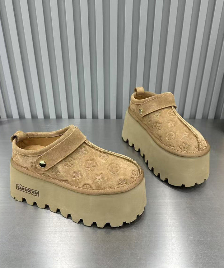 Camel Suede Embossed Platform Sandals