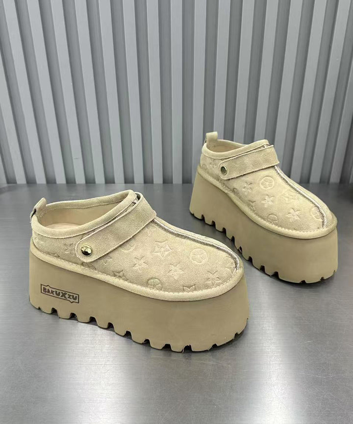 Camel Suede Embossed Platform Sandals