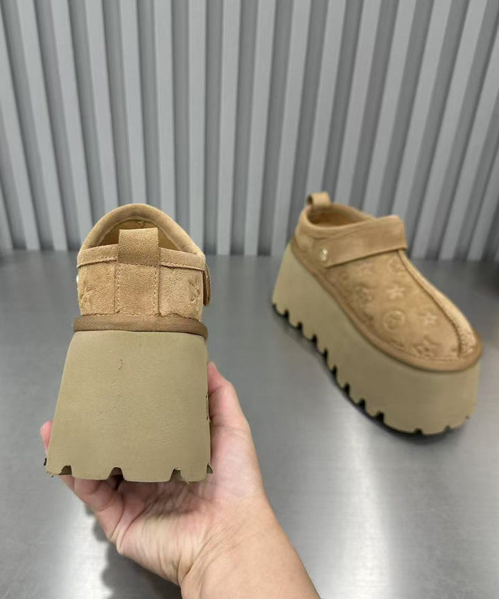 Camel Suede Embossed Platform Sandals