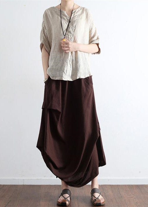 Chocolate Side-Drawstring Asymmetrical Linen Skirt