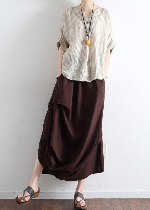 Chocolate Side-Drawstring Asymmetrical Linen Skirt