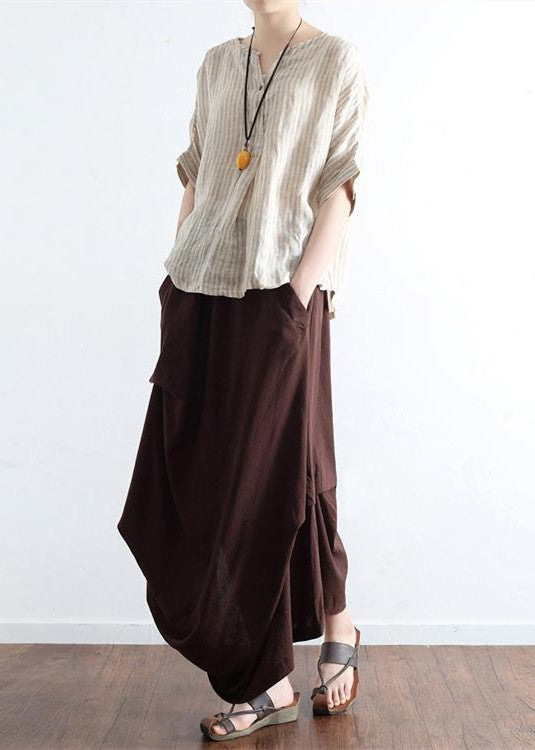 Chocolate Side-Drawstring Asymmetrical Linen Skirt