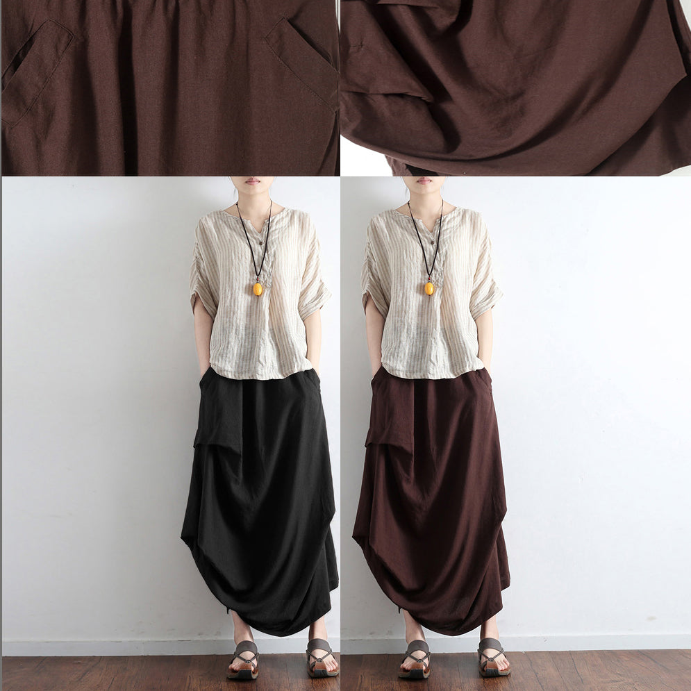 Chocolate Side-Drawstring Asymmetrical Linen Skirt