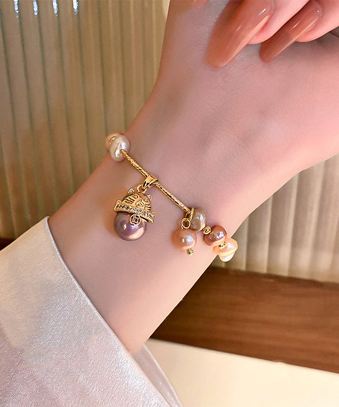 Gold Zircon Pearl Lucky Cat Bracelet