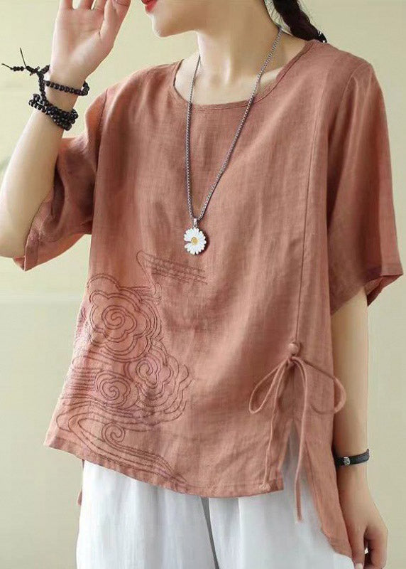 Orange Embroidered Drawstring Cotton Top
