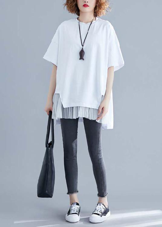White Patchwork O-Neck Linen Blouse