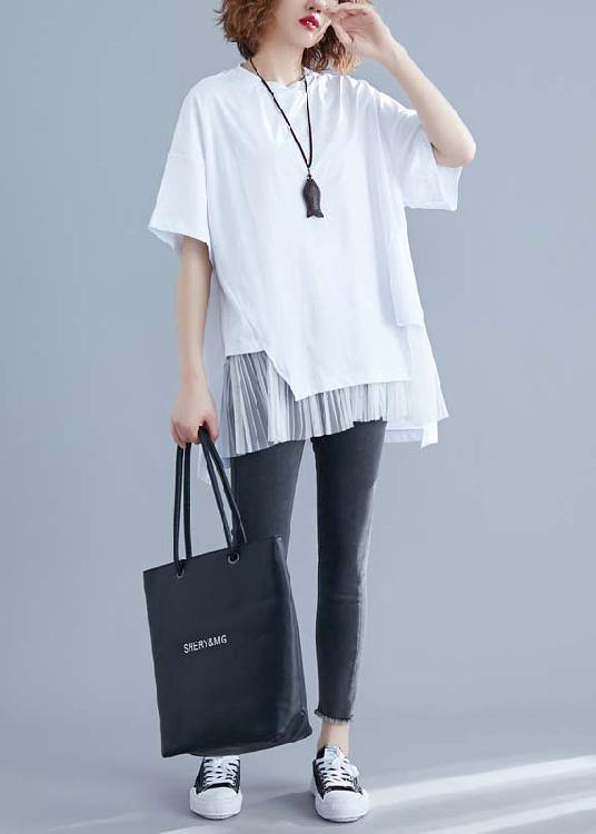 White Patchwork O-Neck Linen Blouse