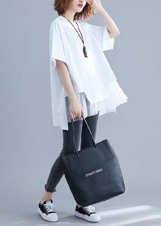 White Patchwork O-Neck Linen Blouse
