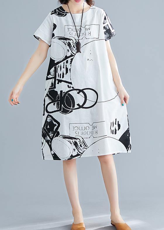 White Printed O-Neck Linen Shift Dress
