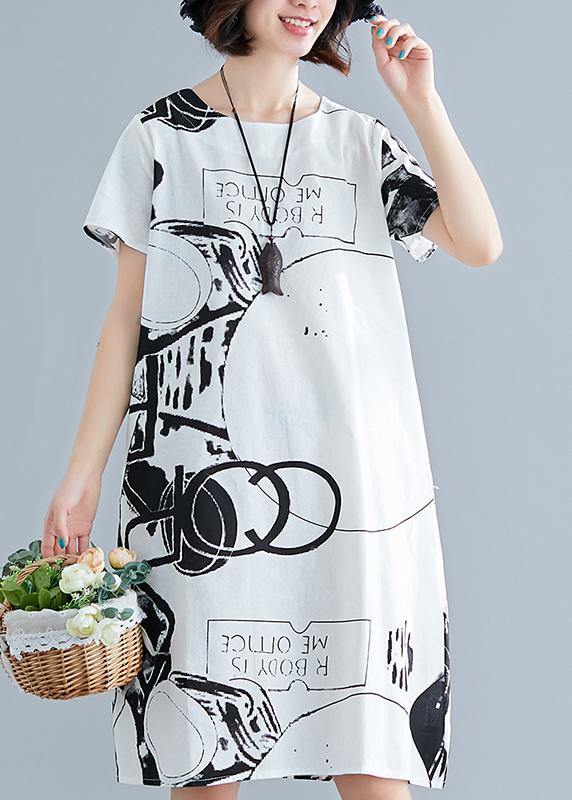 White Printed O-Neck Linen Shift Dress