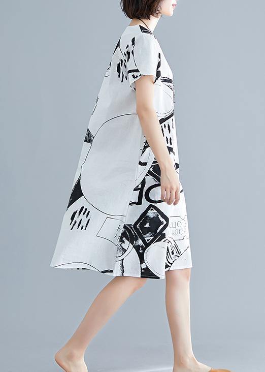 White Printed O-Neck Linen Shift Dress