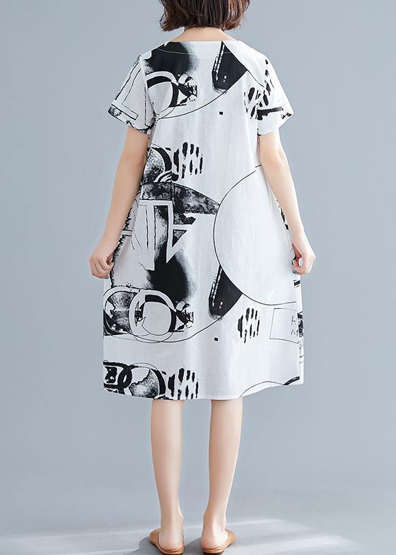 White Printed O-Neck Linen Shift Dress